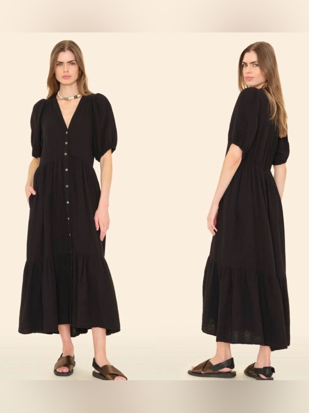 Xirena Dress Lennox Black Gauze Button Front Short Sleeve Tiered Midi Dress